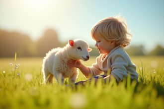 Jeune enfant caressant un mouton dans un pré ensoleillé