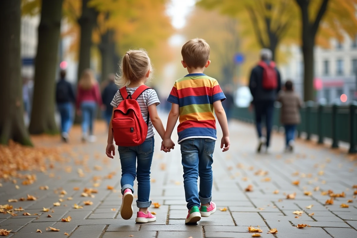 Enfants marchant dans une promenade parisienne en automne