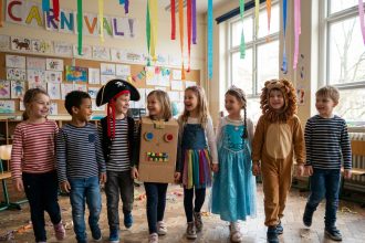 Groupe d'enfants en costumes de carnaval dans une classe