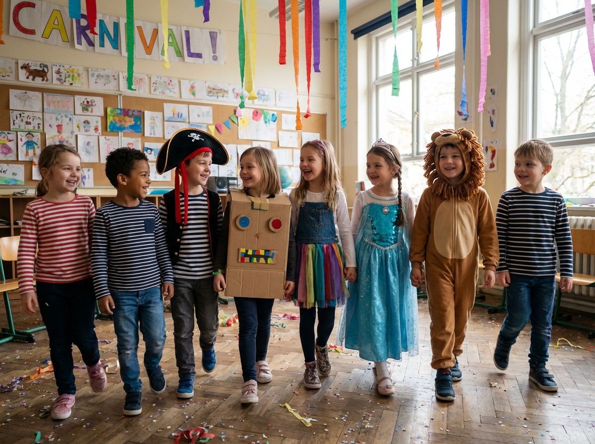 Groupe d'enfants en costumes de carnaval dans une classe