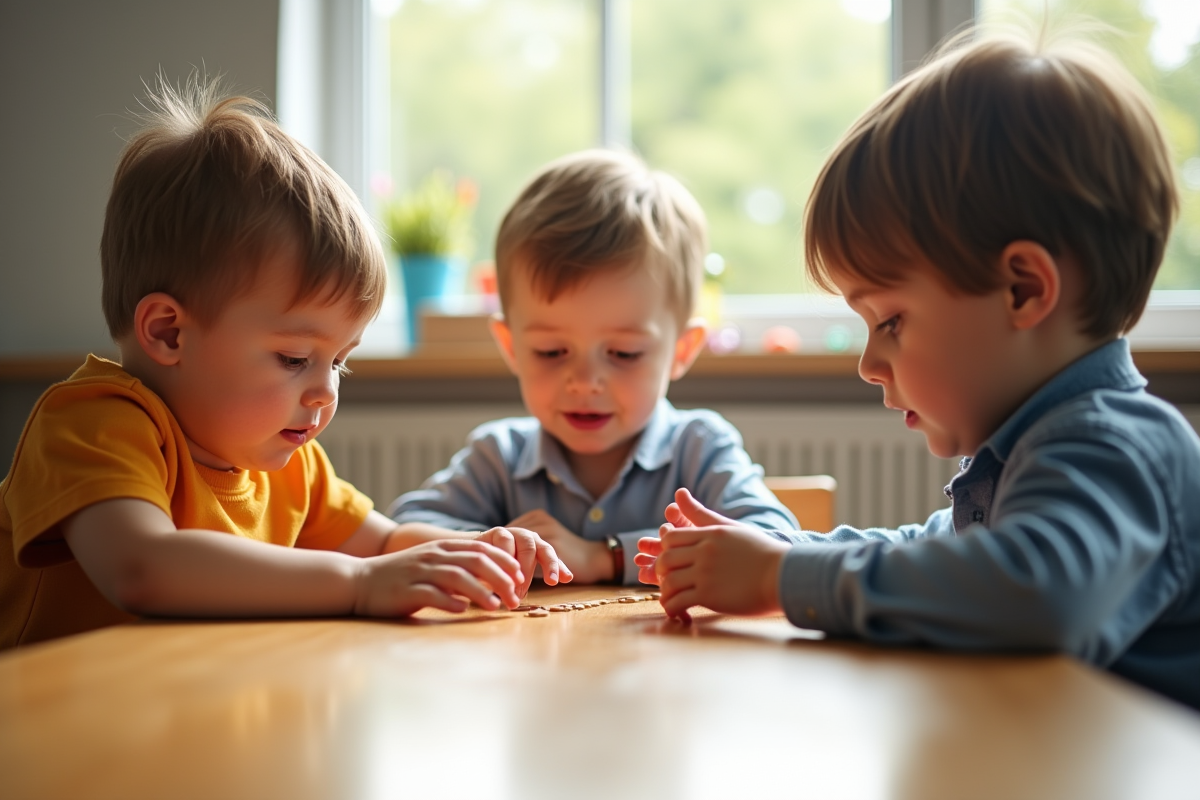 Trois garçons de 3 ans faisant un jeu de comptage en classe