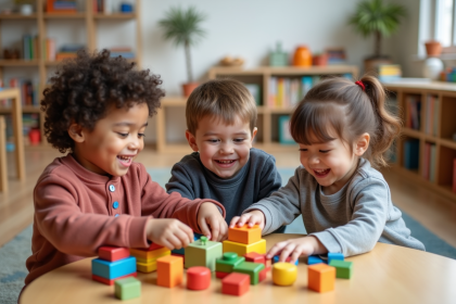 Enfants jouant avec des blocs en classe maternelle