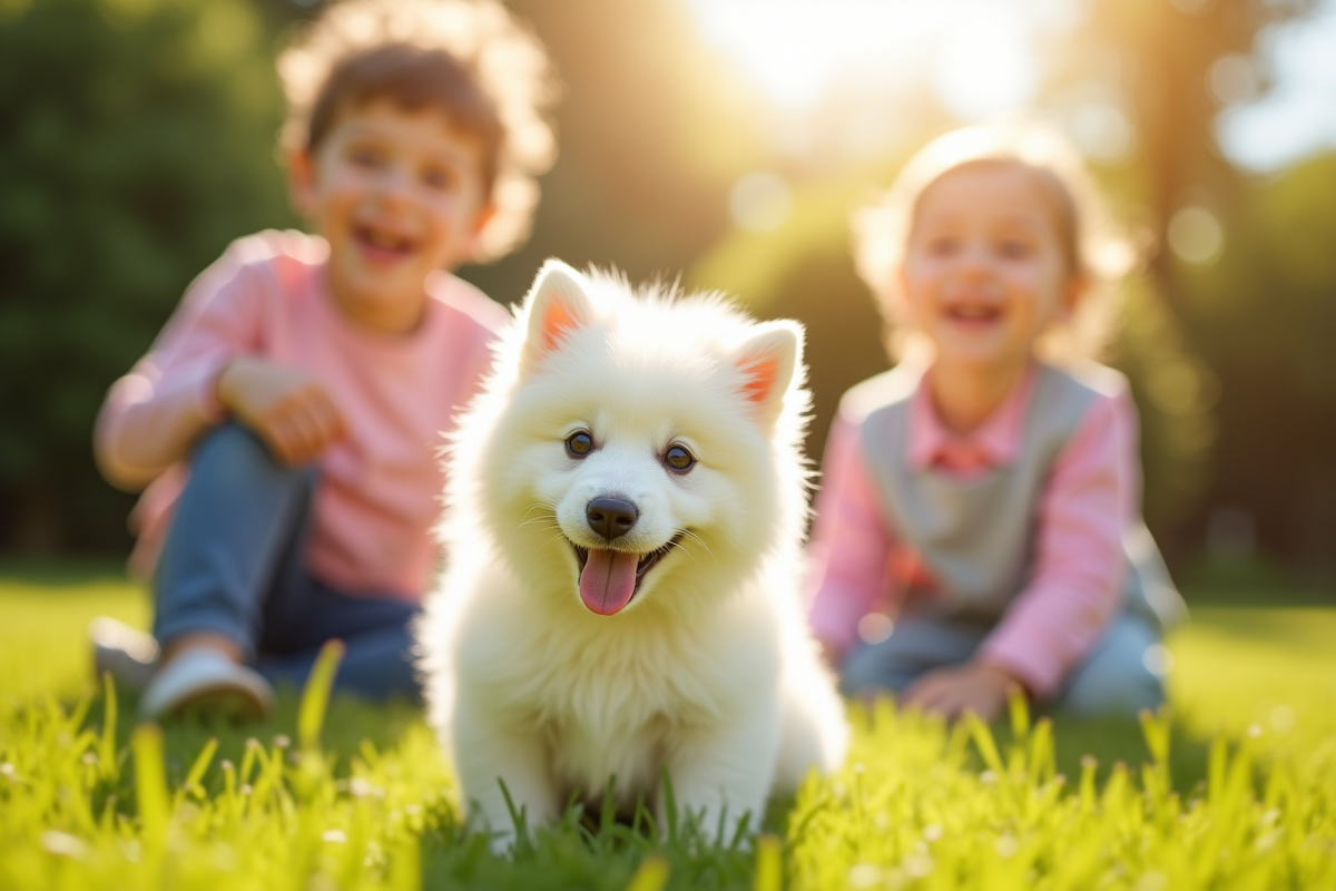 Deux enfants jouant avec un chiot spitz blanc dans le jardin ensoleille
