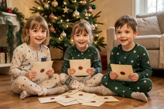 Trois enfants en pyjama découvrent chacun leur lettre de lutin farceur autour d'une pile d'enveloppes cachetées à la cire rouge au pied du sapin