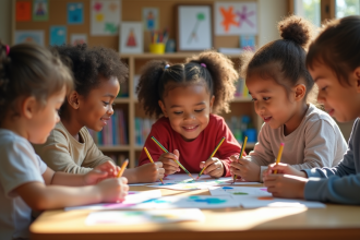 Groupe d'enfants peignant avec des aquarelles dans une classe lumineuse