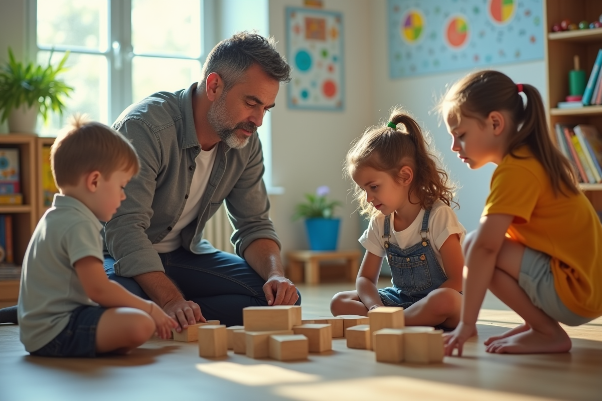 Enseignant observant deux enfants en activité Montessori