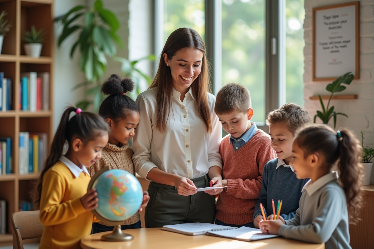 Une enseignante avec des enfants dans une bibliothèque lumineuse