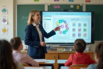 Enseignante présentant Educartable aux parents lors d'une réunion de rentrée en classe primaire