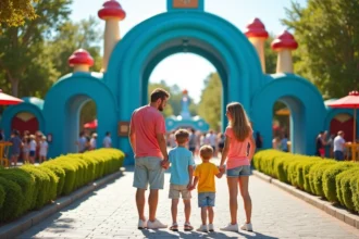 Famille souriante devant l'entrée du Parc des Schtroumpfs avec décor de champignons colorés