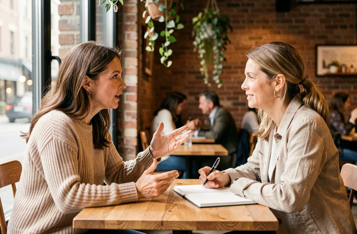 Deux femmes en entretien journalistique dans un café urbain, discussion autour de vérifications biographiques