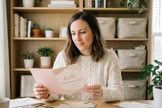 Jeune femme préparant des faire-part de naissance manuscrits sur un bureau en bois avec enveloppes et stylo calligraphie