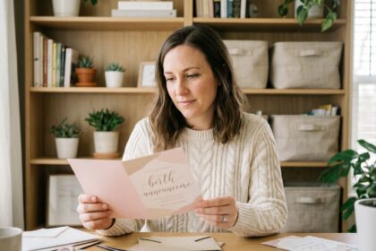 Jeune femme préparant des faire-part de naissance manuscrits sur un bureau en bois avec enveloppes et stylo calligraphie