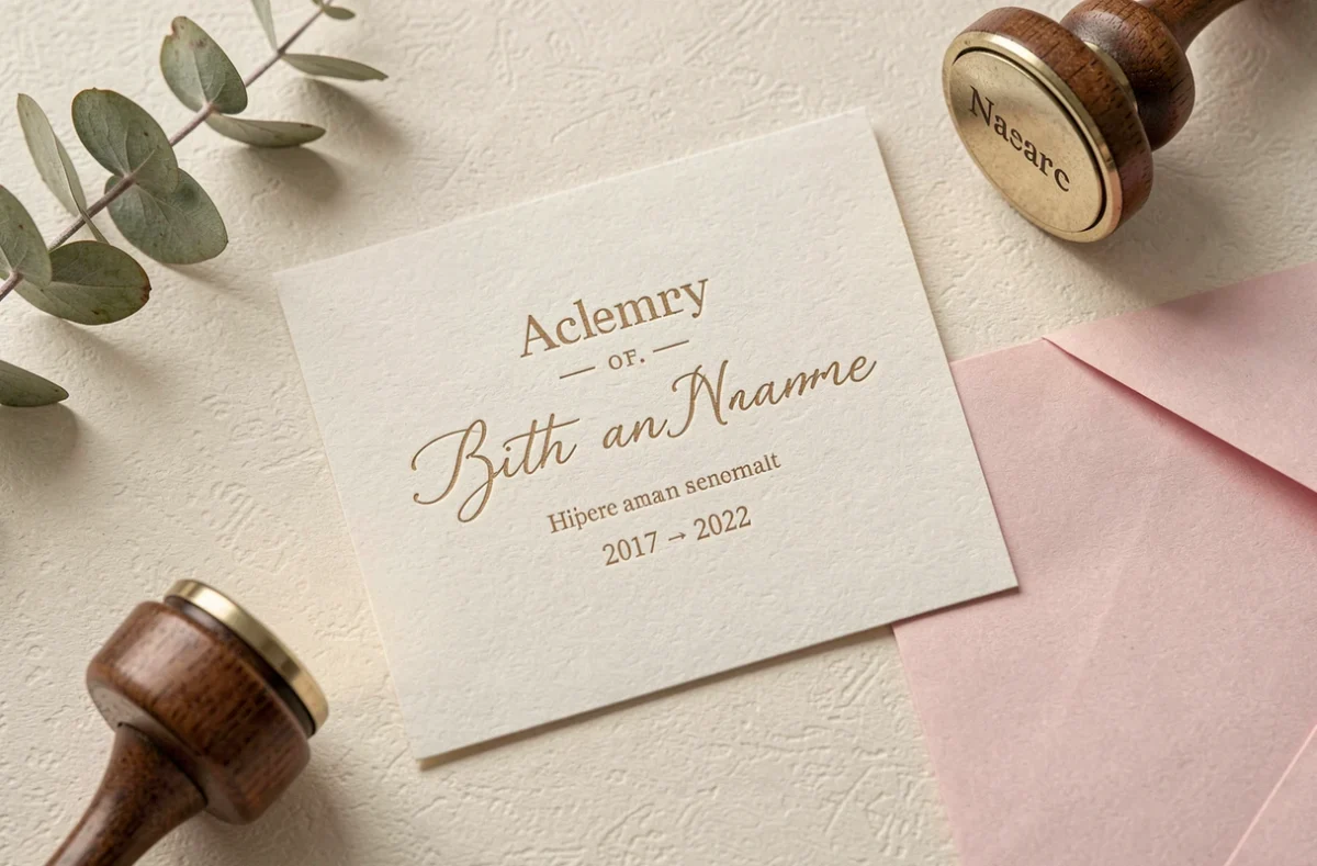 Faire-part de naissance imprimé gratuit en vue du dessus avec décorations naturelles et enveloppe pastel