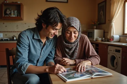 Jeune homme et mère algérienne souriants regardant un album photo