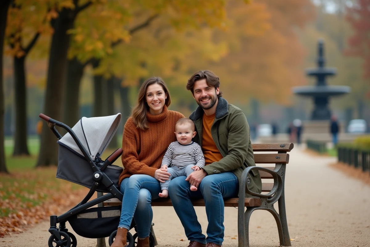 Famille avec bébé de 1 an assise dans un parc paisible de Paris en automne
