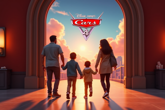Famille heureuse devant un cinéma avec affiche de Cars 4
