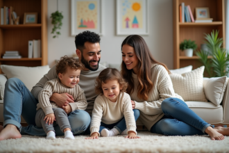 Famille multiculturelle dans un salon chaleureux