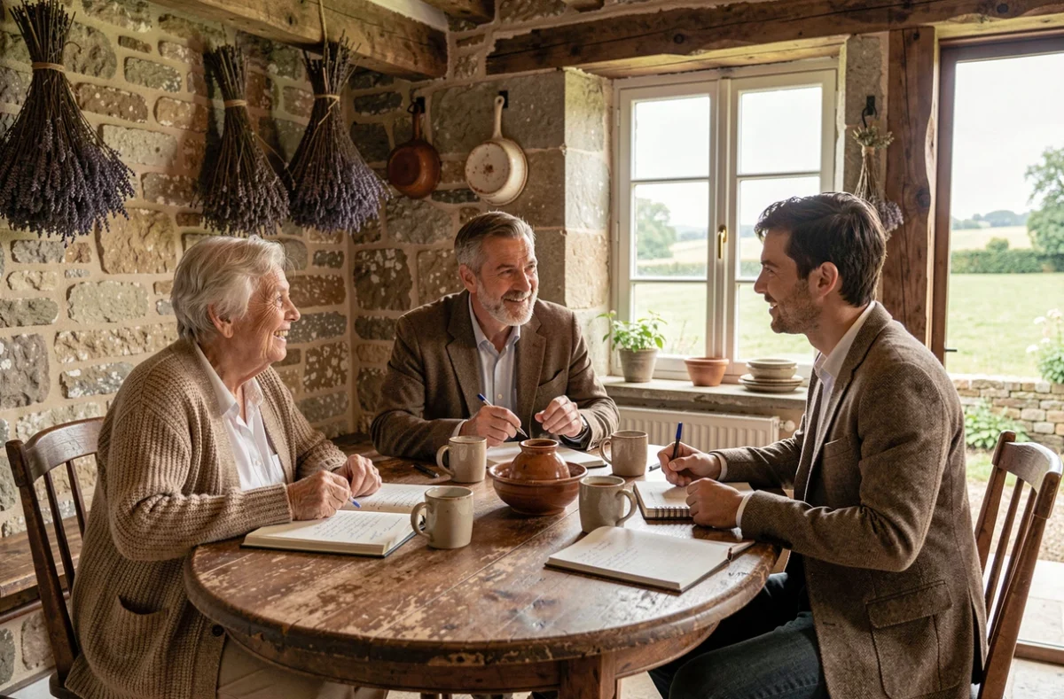 Famille multigénérationnelle française réunie autour d'une table en Normandie, échangeant sur des valeurs familiales et un héritage culturel commun dans une ferme en pierre
