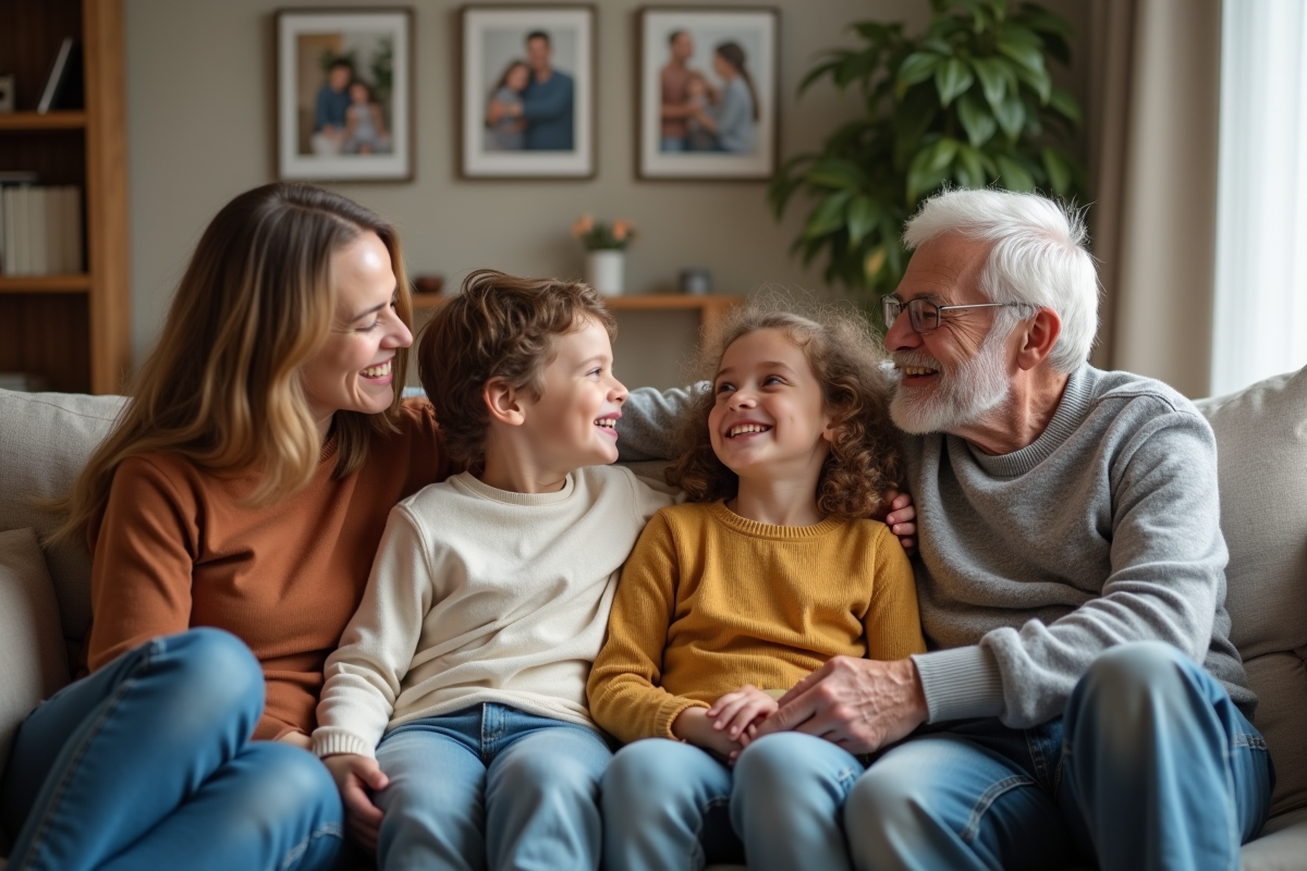 Famille multigenerationale riant ensemble sur un sofa