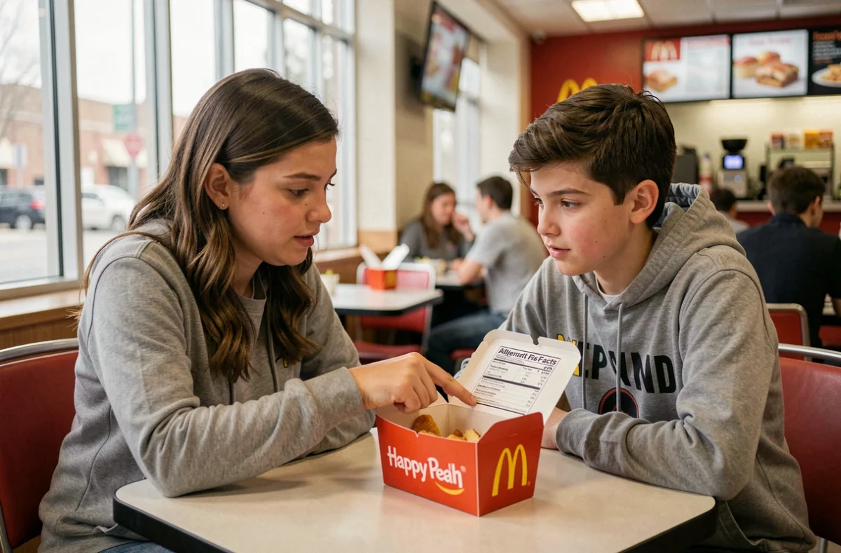 Parent et adolescent examinant les informations sur les allergènes d'un Happy Meal dans un restaurant McDonald's