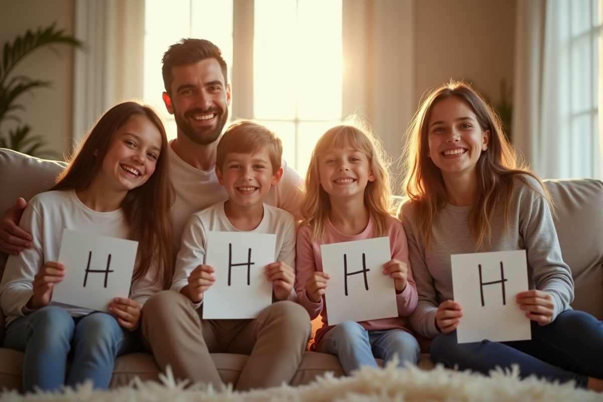 Famille française heureuse dans un salon ensoleille avec des étiquettes nom avec H