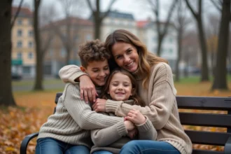 Femme mature et enfants partageant un moment familial dans un parc