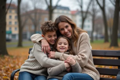 Femme mature et enfants partageant un moment familial dans un parc