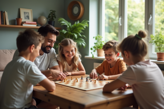 Famille souriante jouant à un jeu de société dans le salon
