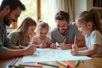 Famille souriante jouant à un jeu de dessin ensemble
