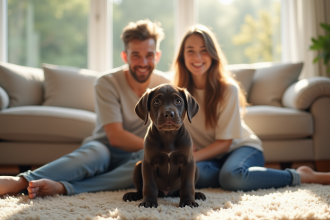 Famille heureuse avec chiot Cane Corso dans le salon