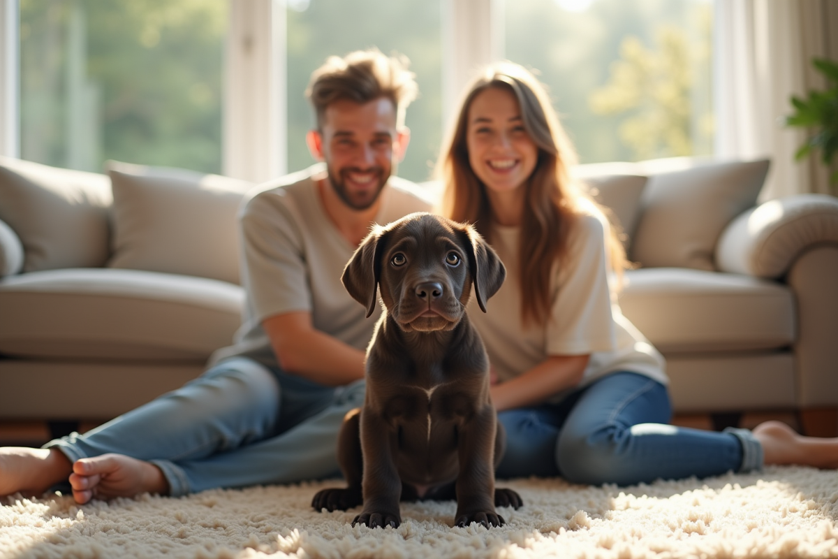 Famille heureuse avec chiot Cane Corso dans le salon