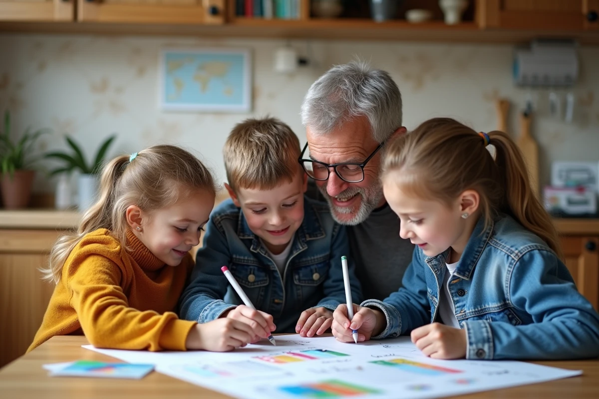 Famille organisée autour d'un calendrier familial en cuisine