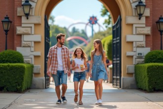 Famille souriante entrant dans un parc d'attractions européen