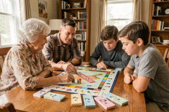 Famille réunie autour d'un plateau de Monopoly classique lors d'une partie animée à la maison