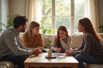 Famille de quatre autour d'une table de salon en lumière naturelle