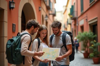 Famille avec adolescents explorant une ruelle pavée d'un village européen abordable pendant les vacances scolaires