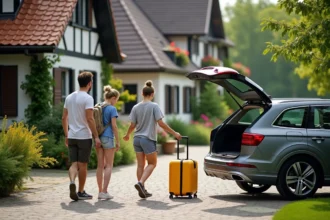 Famille allemande du Bade-Wurtemberg préparant ses valises pour les vacances scolaires devant une maison à colombages traditionnelle