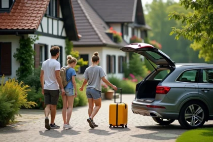 Famille allemande du Bade-Wurtemberg préparant ses valises pour les vacances scolaires devant une maison à colombages traditionnelle