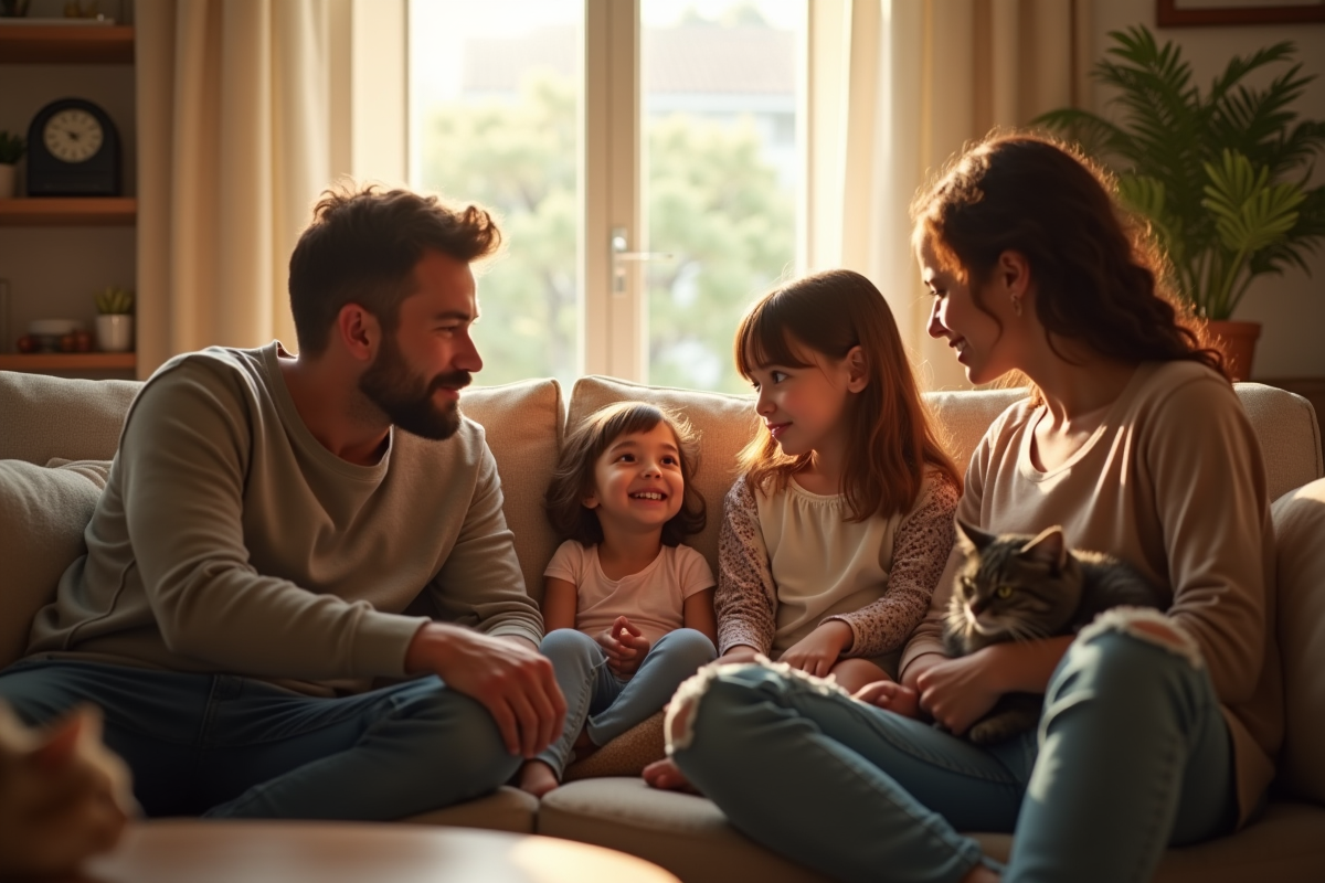 Famille discutant dans un salon lumineux avec un chat sur les genoux