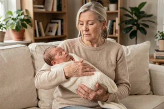 Une femme adulte tenant dans ses bras un bébé reborn ultra-réaliste enveloppé dans une couverture tricotée ivoire, assise sur un canapé en lin dans un salon chaleureux