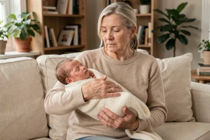 Une femme adulte tenant dans ses bras un bébé reborn ultra-réaliste enveloppé dans une couverture tricotée ivoire, assise sur un canapé en lin dans un salon chaleureux