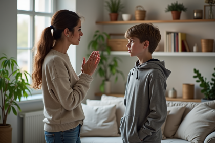 Femme adulte parlant à un adolescent dans un salon moderne