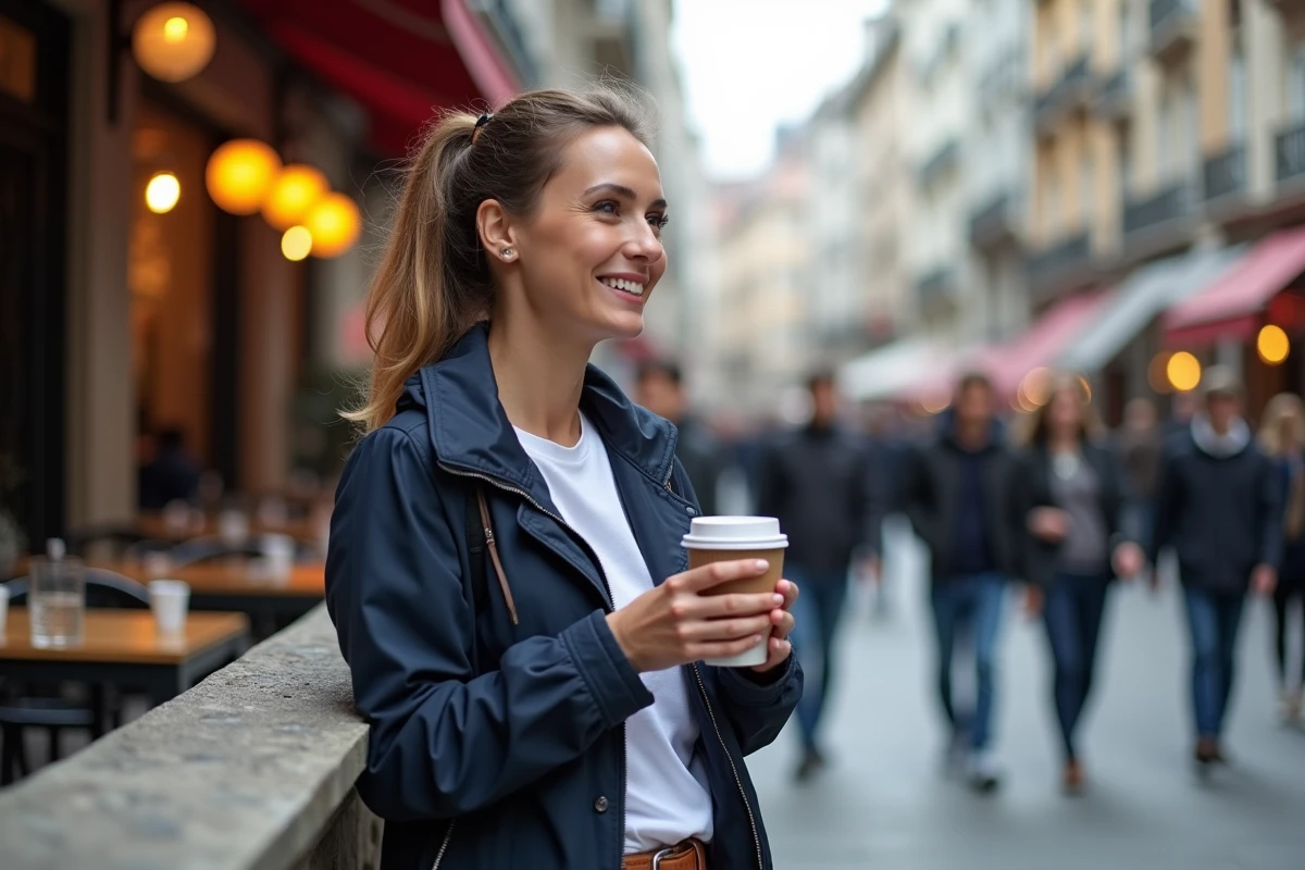 Femme souriante avec café en ville animée