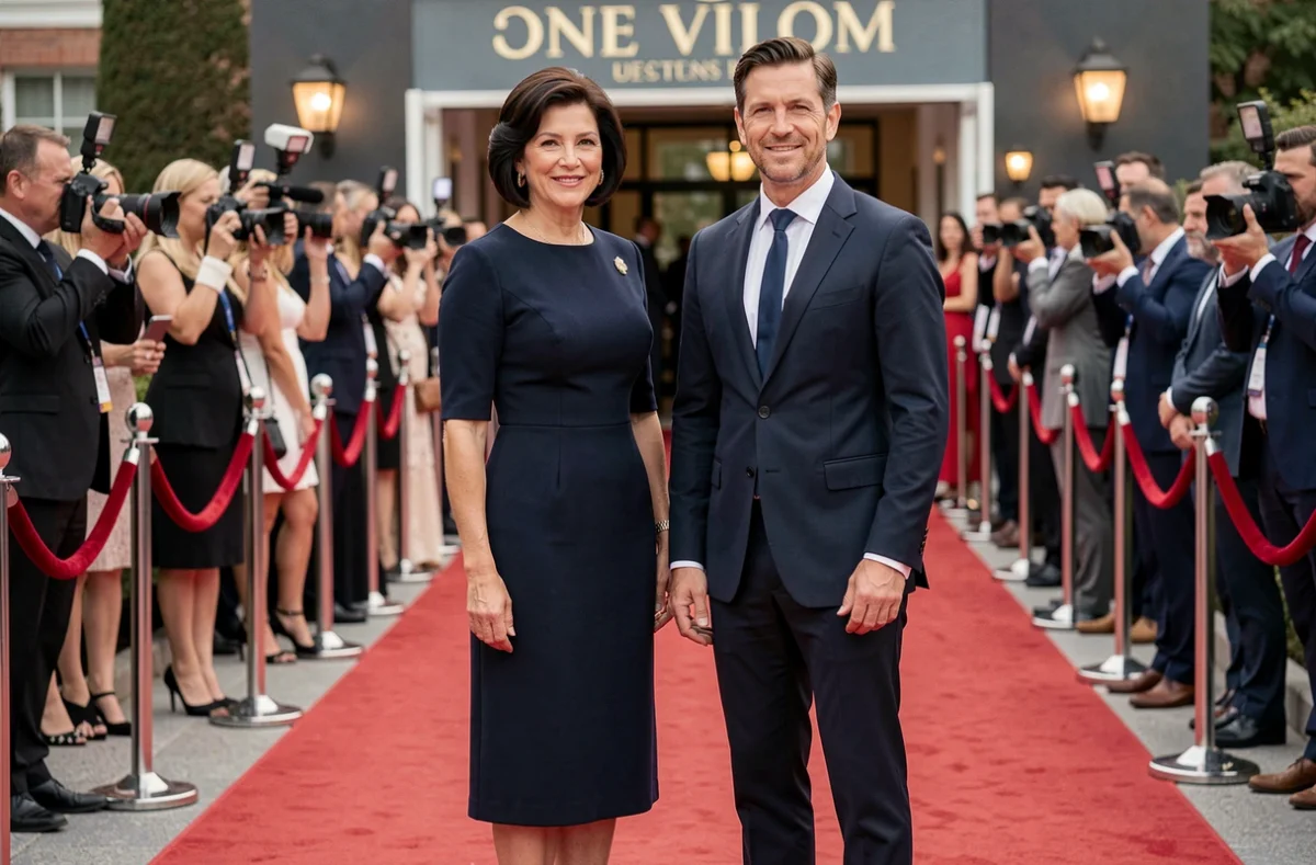 Femme célèbre et son mari posant élégamment lors d'un événement médiatique sur tapis rouge