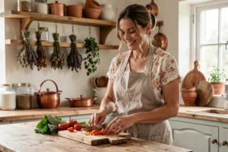 Femme cuisinant dans une cuisine rustique de style campagne française avec un tablier en lin et des légumes frais