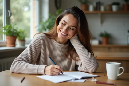 Femme souriante écrivant une carte d anniversaire dans la cuisine
