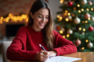 Femme souriante écrivant une carte de Noël dans un salon chaleureux