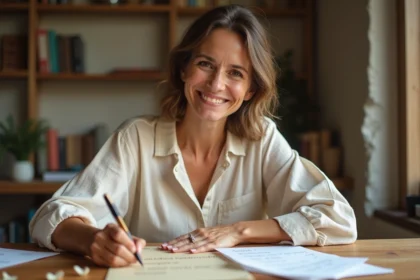 Femme écrivant les 10 commandements parrain marraine sur un carton décoratif à son bureau en bois