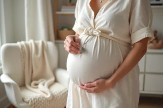 Femme enceinte tenant une bola de grossesse en argent dans sa paume dans une chambre de bébé apaisante