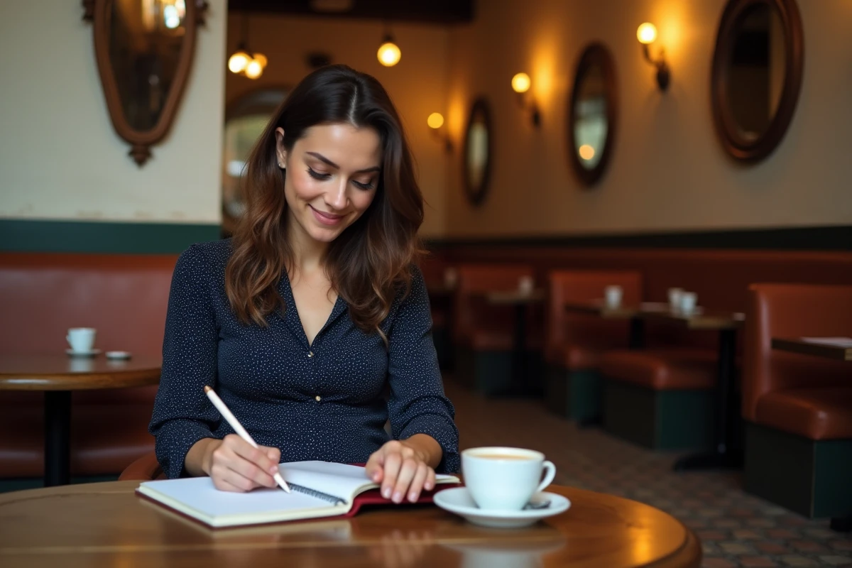 Femme enceinte pensive assise dans un café parisien avec carnet et espresso, ambiance chaleureuse et intime